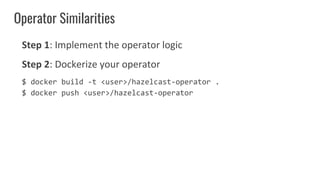 Operator Similarities
Step 1: Implement the operator logic
Step 2: Dockerize your operator
$ docker build -t <user>/hazelcast-operator .
$ docker push <user>/hazelcast-operator
 