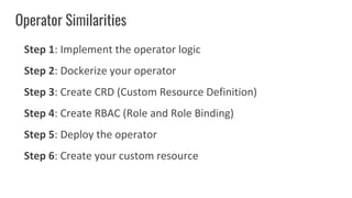 Operator Similarities
Step 1: Implement the operator logic
Step 2: Dockerize your operator
Step 3: Create CRD (Custom Resource Definition)
Step 4: Create RBAC (Role and Role Binding)
Step 5: Deploy the operator
Step 6: Create your custom resource
 