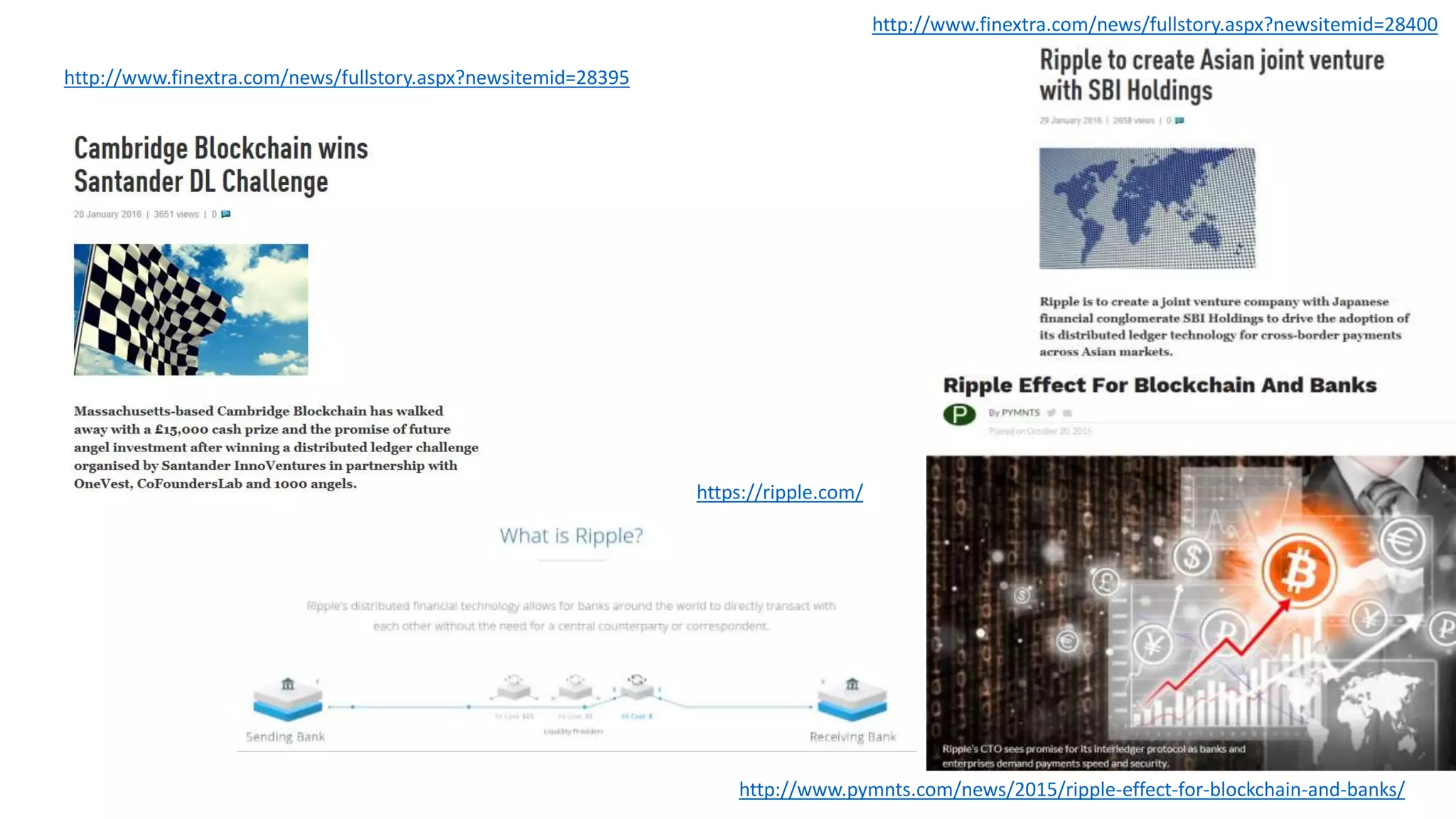 http://www.finextra.com/news/fullstory.aspx?newsitemid=28395 http://www.pymnts.com/news/2015/ripple-effect-for-blockchain-and-banks/ http://www.finextra.com/news/fullstory.aspx?newsitemid=28400 https://ripple.com/ 