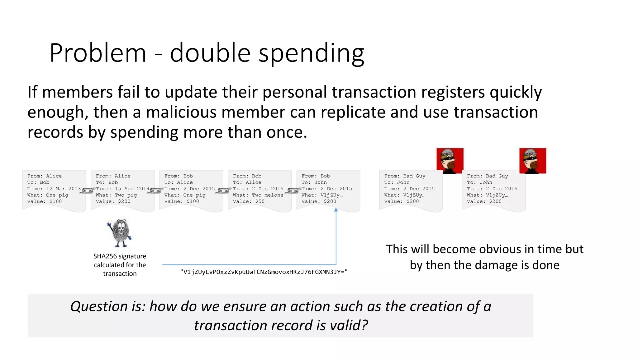 Problem - double spending If members fail to update their personal transaction registers quickly enough, then a malicious member can replicate and use transaction records by spending more than once. From: Alice To: Bob Time: 12 Mar 2013 What: One pig Value: $100 From: Alice To: Bob Time: 15 Apr 2014 What: Two pig Value: $200 From: Bob To: Alice Time: 2 Dec 2015 What: One pig Value: $100 From: Bob To: Alice Time: 2 Dec 2015 What: Two melons Value: $50 From: Bob To: John Time: 2 Dec 2015 What: V1jZUy… Value: $200 SHA256 signature calculated for the transaction "V1jZUyLvPOxzZvKpuUwTCNzGmovoxHRzJ76FGXMN3JY=" From: Bad Guy To: John Time: 2 Dec 2015 What: V1jZUy… Value: $200 From: Bad Guy To: John Time: 2 Dec 2015 What: V1jZUy… Value: $200 This will become obvious in time but by then the damage is done Question is: how do we ensure an action such as the creation of a transaction record is valid? 