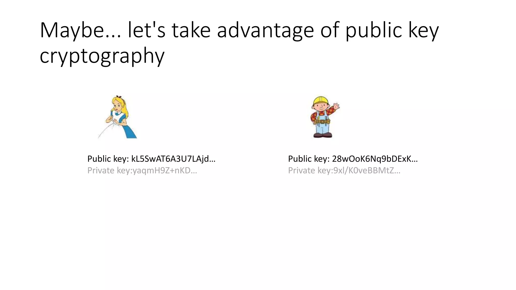 Maybe... let's take advantage of public key cryptography Public key: 28wOoK6Nq9bDExK… Private key:9xl/K0veBBMtZ… Public key: kL5SwAT6A3U7LAjd… Private key:yaqmH9Z+nKD… 