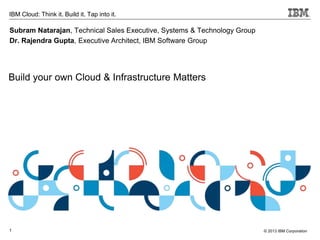 IBM Cloud: Think it. Build it. Tap into it. 
Subram Natarajan, Technical Sales Executive, Systems & Technology Group 
Dr. Rajendra Gupta, Executive Architect, IBM Software Group 
1 
© 2013 IBM Corporation 
Build your own Cloud & Infrastructure Matters 
 
