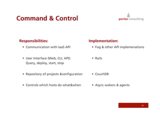 Command & Control


Responsibilities:                          Implementation:
   Communication with IaaS API               Fog & other API implemenations


   User Interface (Web, CLI, API):           Rails
    Query, deploy, start, stop


   Repository of projects &conﬁguration      CouchDB


   Controls which hosts do what&when         Async wokers & agents




                                                                           15
 