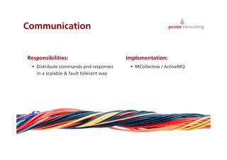 Communication


Responsibilities:                        Implementation:
   Distribute commands and responses       MCollective / ActiveMQ
    in a scalable & fault tolerant way




                                                                      17
 