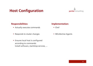 Host Conﬁguration


Responsibilities:                               Implementation:
   Actually executes commands                     Chef


   Responds to cluster changes                    MCollective Agents


   Ensures local host is conﬁgured
   according to commands:
   Install software, start/stop services, ...




                                                                         19
 