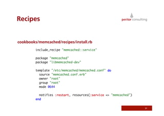 Recipes


cookbooks/memcached/recipes/install.rb




                                         31
 