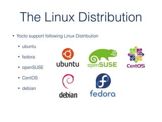 • Yocto support following Linux Distribution
• ubuntu
• fedora
• openSUSE
• CentOS
• debian
The Linux Distribution
 