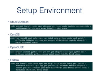 Setup Environment
• Ubuntu/Debian
• CentOS
• OpenSUSE
• Fedora
sudo apt-get install gawk wget git-core diffstat unzip texinfo gcc-multilib 
build-essential chrpath socat libsdl1.2-dev xterm
sudo yum install gawk make wget tar bzip2 gzip python unzip perl patch 
diffutils diffstat git cpp gcc gcc-c++ glibc-devel texinfo chrpath 
ccache perl-Data-Dumper perl-Text-ParseWords perl-Thread-Queue socat 
findutils which SDL-devel xterm
sudo zypper install python gcc gcc-c++ git chrpath make wget python-xml 
diffstat makeinfo python-curses patch socat libSDL-devel xterm
sudo yum install gawk make wget tar bzip2 gzip python unzip perl patch 
diffutils diffstat git cpp gcc gcc-c++ glibc-devel texinfo chrpath 
socat SDL-devel xterm
 