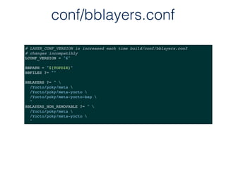 conf/bblayers.conf
# LAYER_CONF_VERSION is increased each time build/conf/bblayers.conf
# changes incompatibly
LCONF_VERSION = "6"
BBPATH = "${TOPDIR}"
BBFILES ?= ""
BBLAYERS ?= " 
/Yocto/poky/meta 
/Yocto/poky/meta-yocto 
/Yocto/poky/meta-yocto-bsp 
"
BBLAYERS_NON_REMOVABLE ?= " 
/Yocto/poky/meta 
/Yocto/poky/meta-yocto 
"
 