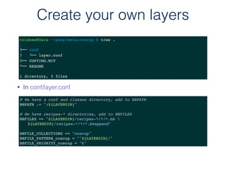 • In conf/layer.conf
Create your own layers
coldnew@Sara ~/poky/meta-coscup $ tree .
.
!"" conf
$   #"" layer.conf
!"" COPYING.MIT
#"" README
1 directory, 3 files
# We have a conf and classes directory, add to BBPATH
BBPATH .= ":${LAYERDIR}"
# We have recipes-* directories, add to BBFILES
BBFILES += "${LAYERDIR}/recipes-*/*/*.bb 
${LAYERDIR}/recipes-*/*/*.bbappend"
BBFILE_COLLECTIONS += "coscup"
BBFILE_PATTERN_coscup = "^${LAYERDIR}/"
BBFILE_PRIORITY_coscup = "6"
 