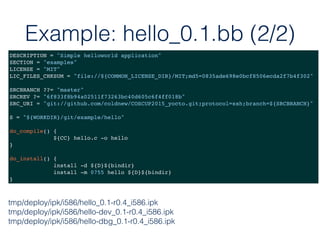 Example: hello_0.1.bb (2/2)
DESCRIPTION = "Simple helloworld application"
SECTION = "examples"
LICENSE = "MIT"
LIC_FILES_CHKSUM = "file://${COMMON_LICENSE_DIR}/MIT;md5=0835ade698e0bcf8506ecda2f7b4f302"
SRCBRANCH ??= "master"
SRCREV ?= "6f833f8b94a02511f73263bc40d605c6f4ff018b"
SRC_URI = "git://github.com/coldnew/COSCUP2015_yocto.git;protocol=ssh;branch=${SRCBRANCH}"
S = "${WORKDIR}/git/example/hello"
do_compile() {
${CC} hello.c -o hello
}
do_install() {
install -d ${D}${bindir}
install -m 0755 hello ${D}${bindir}
}
tmp/deploy/ipk/i586/hello_0.1-r0.4_i586.ipk
tmp/deploy/ipk/i586/hello-dev_0.1-r0.4_i586.ipk
tmp/deploy/ipk/i586/hello-dbg_0.1-r0.4_i586.ipk
 
