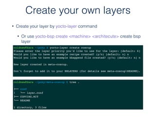 • Create your layer by yocto-layer command
• Or use yocto-bsp create <machine> <architecute> create bsp
layer
Create your ...