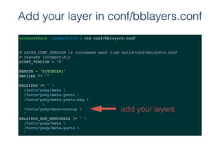 Add your layer in conf/bblayers.conf
coldnew@Sara ~/poky/build $ vim conf/bblayers.conf
# LAYER_CONF_VERSION is increased ...