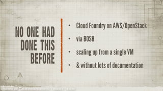 •           Cloud Foundry on AWS/OpenStack
              no one haD                                                         •           via BOSH
                     done this                                                   •           scaling up from a single VM
                                 before                                          •           & without lots of documentation

YOUR COMPANY NAME | LONG AND INTERESTING PRESENTATION TITLE | VERSION NO. XX | 06 /02/2012
 