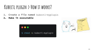 1. Create a file named kubectl-myplugin
2. Make it executable
Kubectl plugin > How it works?
16
 