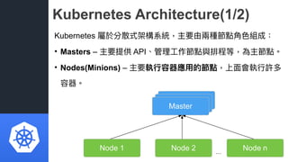 Kubernetes Architecture(1/2)
Kubernetes 屬於分散式架構系統，主要由兩兩種節點⾓角⾊色組成：
• Masters – 主要提供 API、管理理⼯工作節點與排程等，為主節點。
• Nodes(Minions)...