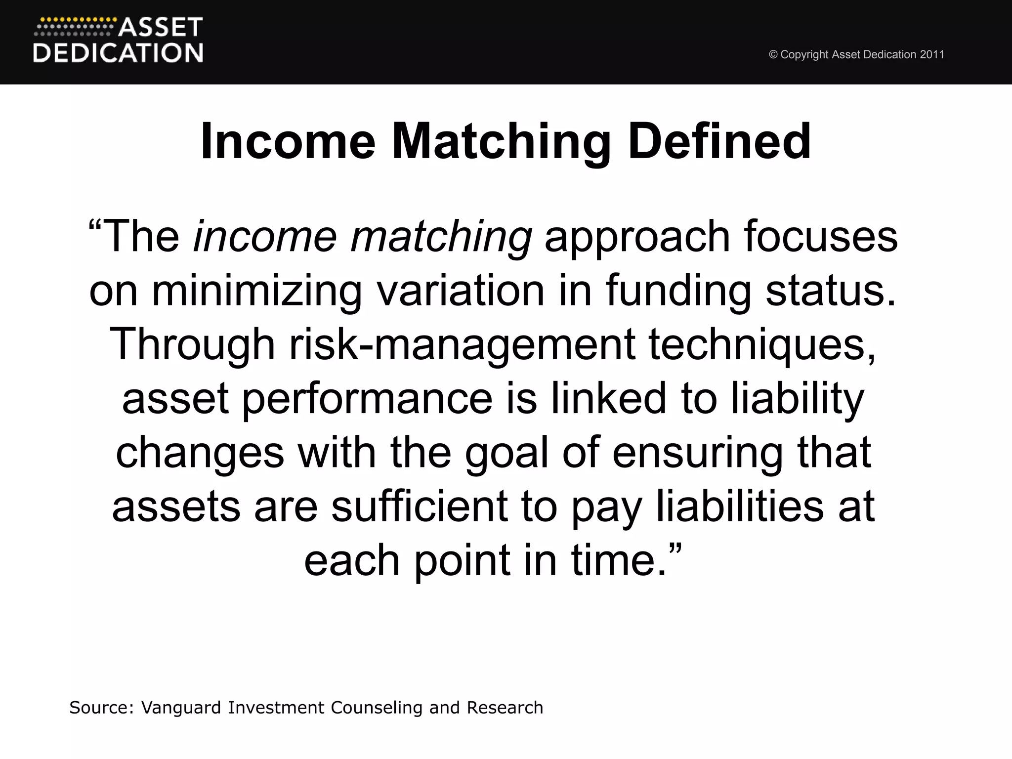 © Copyright Asset Dedication 2011




              Income Matching Defined
 “The income matching approach focuses
 on minimizing variation in funding status.
  Through risk-management techniques,
   asset performance is linked to liability
  changes with the goal of ensuring that
  assets are sufficient to pay liabilities at
            each point in time.”


Source: Vanguard Investment Counseling and Research
 