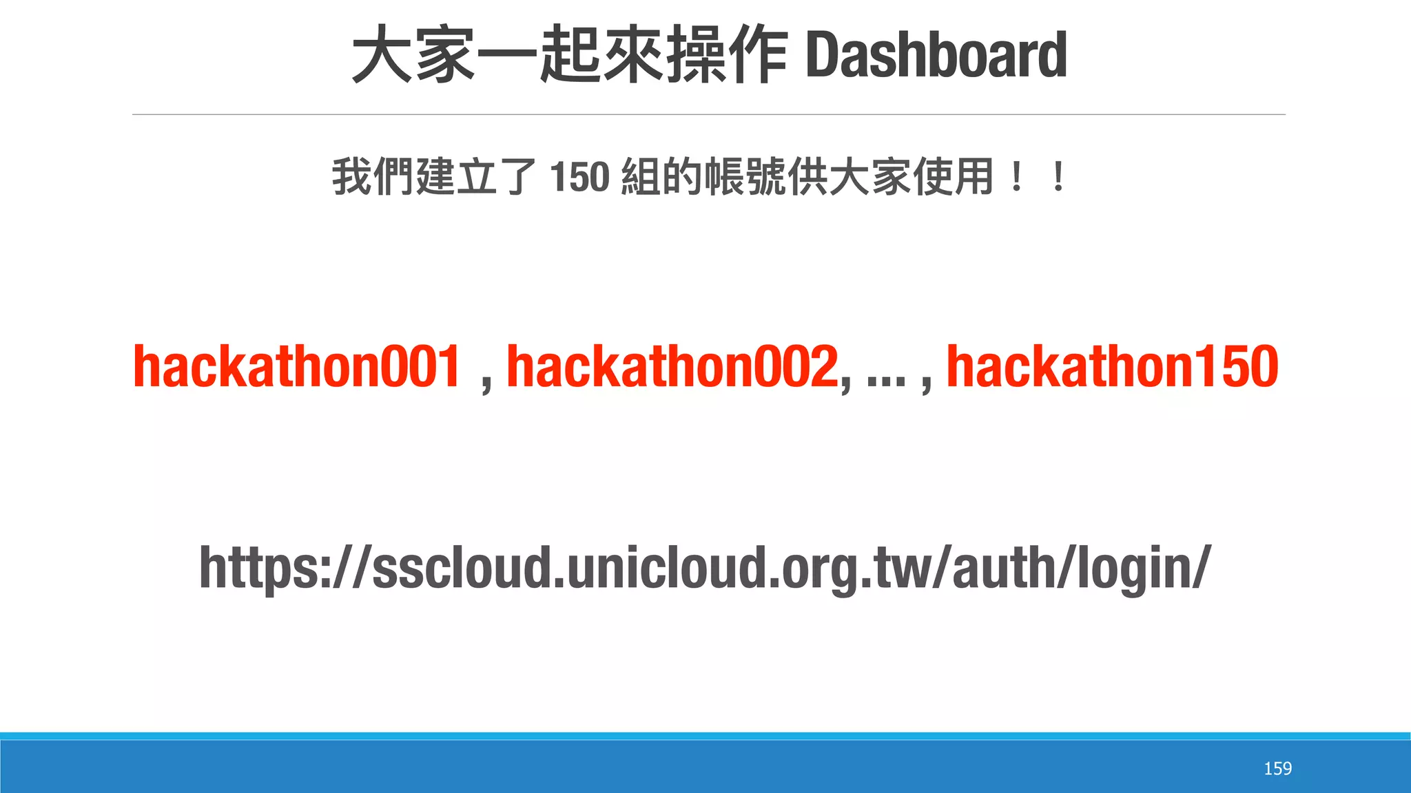 159
Dashboard
150
hackathon001 , hackathon002, ... , hackathon150
https://sscloud.unicloud.org.tw/auth/login/
 