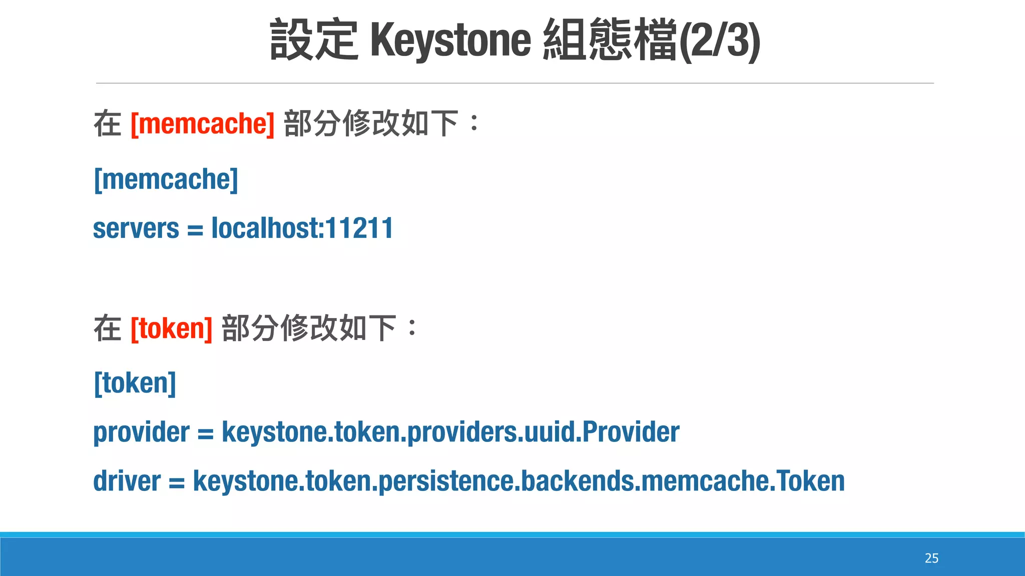 Keystone (2/3)
25
[memcache]
[memcache]
servers = localhost:11211
[token]
[token]
provider = keystone.token.providers.uuid.Provider
driver = keystone.token.persistence.backends.memcache.Token
 