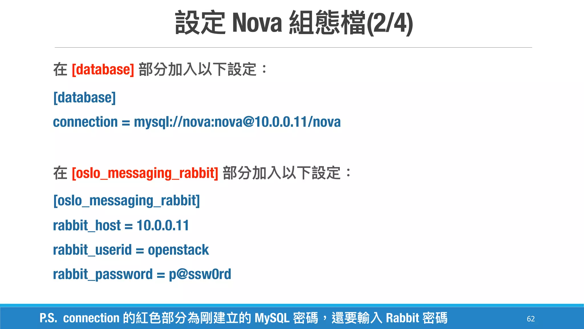 Nova (2/4)
62
[database]
[database]
connection = mysql://nova:nova@10.0.0.11/nova
[oslo_messaging_rabbit]
[oslo_messaging_rabbit]
rabbit_host = 10.0.0.11
rabbit_userid = openstack
rabbit_password = p@ssw0rd
P.S. connection MySQL Rabbit
 