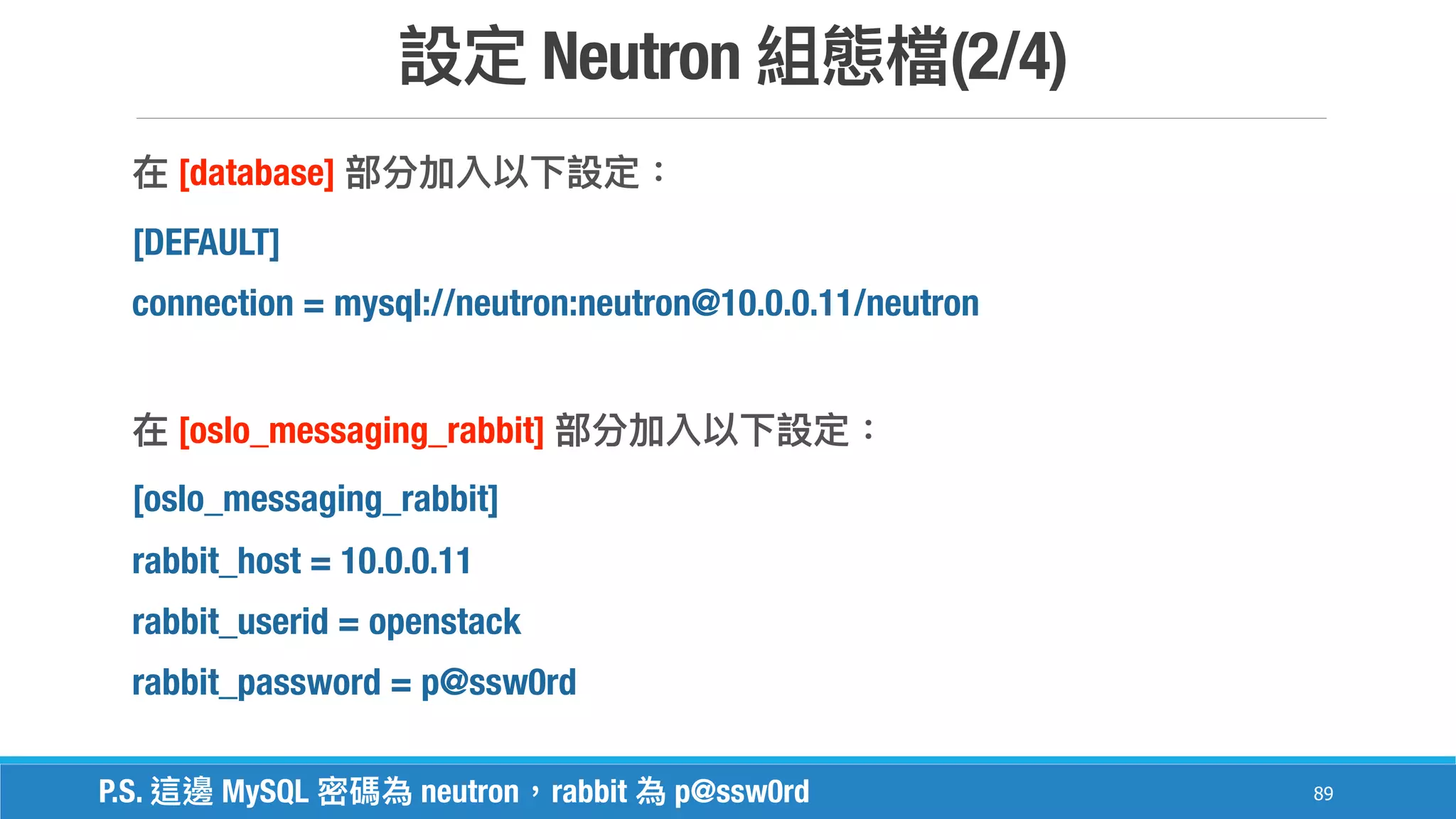 Neutron (2/4)
89
[database]
[DEFAULT]
connection = mysql://neutron:neutron@10.0.0.11/neutron
[oslo_messaging_rabbit]
[oslo_messaging_rabbit]
rabbit_host = 10.0.0.11
rabbit_userid = openstack
rabbit_password = p@ssw0rd
P.S. MySQL neutron rabbit p@ssw0rd
 