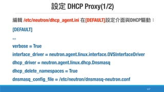 DHCP Proxy(1/2)
117
/etc/neutron/dhcp_agent.ini [DEFAULT] DHCP
[DEFAULT]
...
verbose = True
interface_driver = neutron.agent.linux.interface.OVSInterfaceDriver
dhcp_driver = neutron.agent.linux.dhcp.Dnsmasq
dhcp_delete_namespaces = True
dnsmasq_config_file = /etc/neutron/dnsmasq-neutron.conf
 