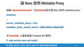 Nova Metadata Proxy
122
/etc/nova/nova.conf [neutron] Nova metadata proxy
[neutron]
...
service_metadata_proxy = True
metadata_proxy_shared_secret = d88ec459ab1e0bdaf5d8
Controller Compute API
$ sudo service nova-api restart
P.S. metadata_proxy_shared_secret d88ec459ab1e0bdaf5d8
 
