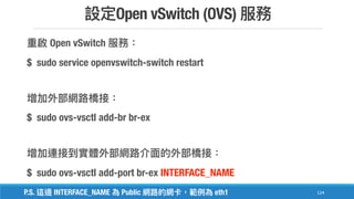 Open vSwitch (OVS)
124
Open vSwitch
$ sudo service openvswitch-switch restart
$ sudo ovs-vsctl add-br br-ex
$ sudo ovs-vsctl add-port br-ex INTERFACE_NAME
P.S. INTERFACE_NAME Public eth1
 