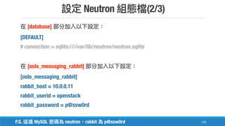 Neutron (2/3)
130
[database]
[DEFAULT]
# connection = sqlite:////var/lib/neutron/neutron.sqlite
[oslo_messaging_rabbit]
[oslo_messaging_rabbit]
rabbit_host = 10.0.0.11
rabbit_userid = openstack
rabbit_password = p@ssw0rd
P.S. MySQL neutron rabbit p@ssw0rd
 