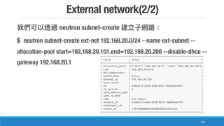 External network(2/2)
141
neutron subnet-create
$ neutron subnet-create ext-net 192.168.20.0/24 --name ext-subnet --
allocation-pool start=192.168.20.101,end=192.168.20.200 --disable-dhcp --
gateway 192.168.20.1
 