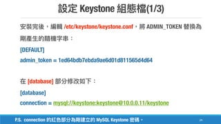 Keystone (1/3)
24
/etc/keystone/keystone.conf ADMIN_TOKEN
[DEFAULT]
admin_token = 1ed64bdb7ebda9ae6d01d811565d4d64
[database]
[database]
connection = mysql://keystone:keystone@10.0.0.11/keystone
P.S. connection MySQL Keystone
 