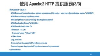 Apache2 HTTP (3/3)
29
<VirtualHost *:35357>
WSGIDaemonProcess keystone-admin processes=5 threads=1 user=keystone display-name=%{GROUP}
WSGIProcessGroup keystone-admin
WSGIScriptAlias / /var/www/cgi-bin/keystone/admin
WSGIApplicationGroup %{GLOBAL}
WSGIPassAuthorization On
<IfVersion >= 2.4>
ErrorLogFormat "%{cu}t %M"
</IfVersion>
LogLevel info
ErrorLog /var/log/apache2/keystone-error.log
CustomLog /var/log/apache2/keystone-access.log combined
</VirtualHost>
 