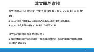 32
export OS_TOKEN admin_token API
URL
$ export OS_TOKEN=1ed64bdb7ebda9ae6d01d811565d4d64
$ export OS_URL=http://10.0.0.11:35357/v2.0
$ openstack service create --name keystone --description "OpenStack
Identity" identity
 