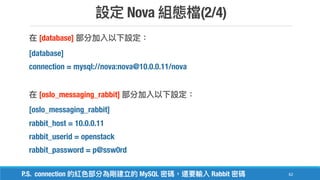 Nova (2/4)
62
[database]
[database]
connection = mysql://nova:nova@10.0.0.11/nova
[oslo_messaging_rabbit]
[oslo_messaging_rabbit]
rabbit_host = 10.0.0.11
rabbit_userid = openstack
rabbit_password = p@ssw0rd
P.S. connection MySQL Rabbit
 