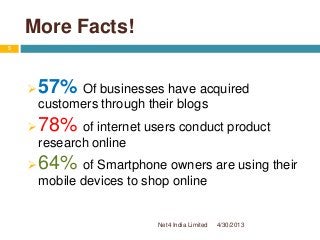 More Facts!
 57% Of businesses have acquired
customers through their blogs
 78% of internet users conduct product
research online
 64% of Smartphone owners are using their
mobile devices to shop online
4/30/2013
5
Net4 India Limited
 