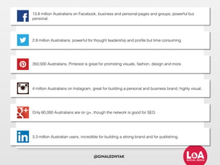 @GINALEDNYAK
STEP 2 - CHOOSE YOUR SOCIAL NETWORKS
13.8 million Australians on Facebook, business and personal pages and groups; powerful but
personal.
2.8 million Australians; powerful for thought leadership and proﬁle but time consuming.
350,000 Australians, Pinterest is great for promoting visuals, fashion, design and more.
4 million Australians on Instagram, great for building a personal and business brand, highly visual.
Only 60,000 Australians are on g+, though the network is good for SEO.
3.3 million Australian users, incredible for building a strong brand and for publishing.
 