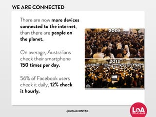 @GINALEDNYAK
WE ARE CONNECTED
There are now more devices
connected to the internet,
than there are people on  
the planet.
On average, Australians
check their smartphone
150 times per day.
56% of Facebook users
check it daily, 12% check  
it hourly.
 