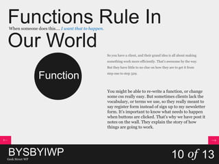 Functions Rule In
Our World
When someone does this…. I want that to happen.
BYSBYIWPGeek Street WP
10 of 13
Function
So you have a client, and their grand idea is all about making
something work more efficiently. That’s awesome by the way.
But they have little to no clue on how they are to get it from
step one to step 329.
You might be able to re-write a function, or change
some css really easy. But sometimes clients lack the
vocabulary, or terms we use, so they really meant to
say register form instead of sign up to my newsletter
form. It’s important to know what needs to happen
when buttons are clicked. That’s why we have post it
notes on the wall. They explain the story of how
things are going to work.
 