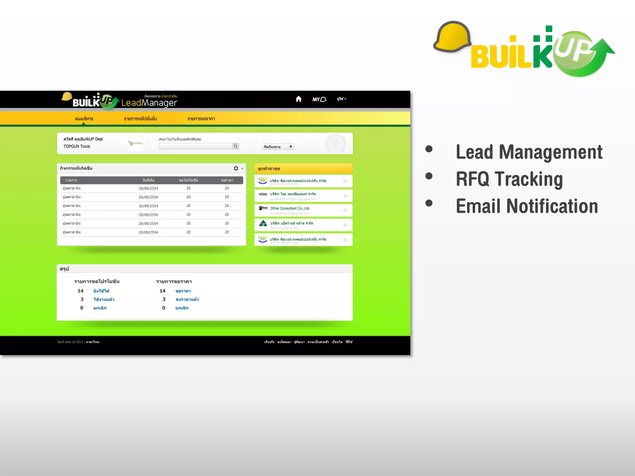 • Lead Management
• RFQ Tracking
• Email Notification