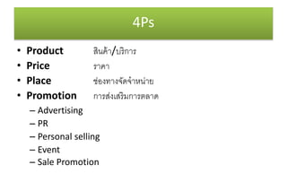4Ps
? Product ??????/??????
? Price ????
? Place ?????????????????
? Promotion ??????????????????
C Advertising
C PR
C Personal selling
C Event
C Sale Promotion
 