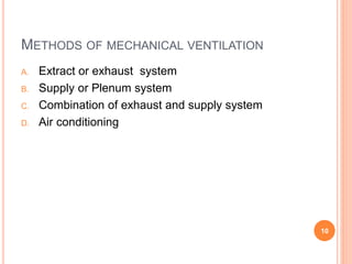 METHODS OF MECHANICAL VENTILATION
A. Extract or exhaust system
B. Supply or Plenum system
C. Combination of exhaust and supply system
D. Air conditioning
10
 
