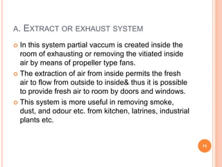 A. EXTRACT OR EXHAUST SYSTEM
 In this system partial vaccum is created inside the
room of exhausting or removing the vitiated inside
air by means of propeller type fans.
 The extraction of air from inside permits the fresh
air to flow from outside to inside& thus it is possible
to provide fresh air to room by doors and windows.
 This system is more useful in removing smoke,
dust, and odour etc. from kitchen, latrines, industrial
plants etc.
11
 