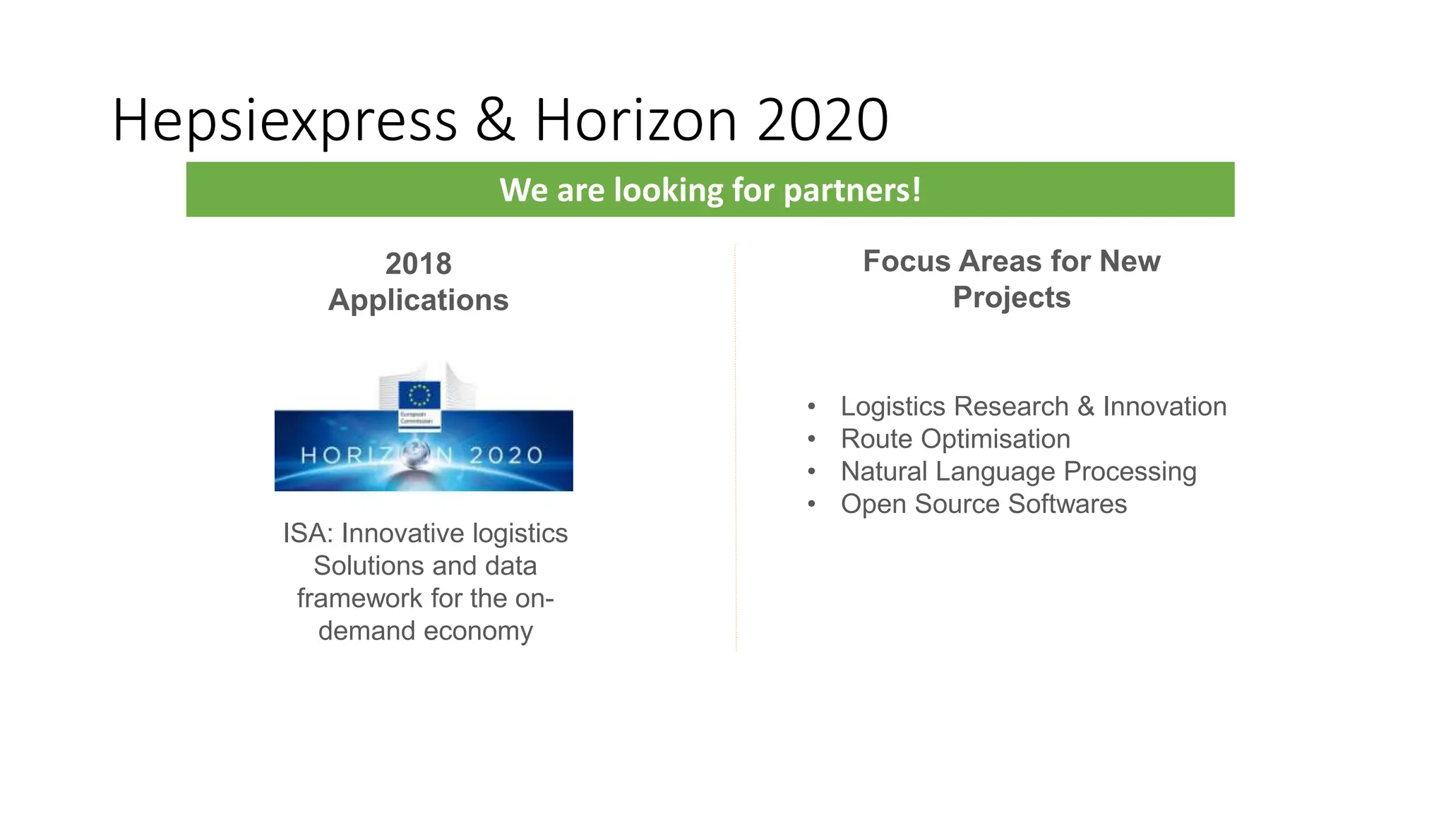 Hepsiexpress & Horizon 2020
ISA: Innovative logistics
Solutions and data
framework for the on-
demand economy
We are looking for partners!
2018
Applications
Focus Areas for New
Projects
• Logistics Research & Innovation
• Route Optimisation
• Natural Language Processing
• Open Source Softwares
 