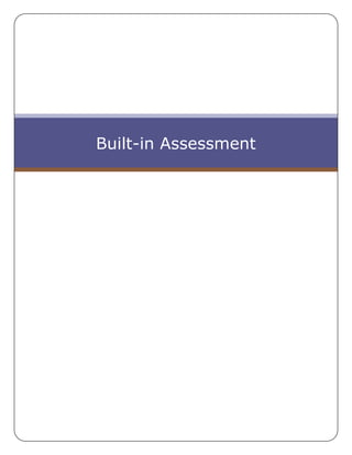 Built-in Assessment<br />Built in Assessment (helps speed up the delivery of high quality coursework!)<br />The key to success in speeding up the delivery of high quality coursework completion is constant monitoring. This information should be shared with students and staff as it has a self motivating effect. Be firm with deadlines also and start as early as possible!<br /> Examples used within the B&E Department include…<br />190503810Year 12 & 13 BTEC Business e.g.<br />Assignment TitlesThe spreadsheet left available on screen throughout Y13 lessons for students to refer to. It is also printed if necessary.<br />Estimated current grade, ALIS predicted grade, Aspirational grades!<br />Shaded blue indicates completed!<br />Detailed feedback given on how to improve different elements of the unit being studied<br />193230512065Students initials colour coded. Green is performing above expectations, Orange is performing on target and Red is below expectations.<br />Year 10 & 11 examples…<br />This spreadsheet features past data, current worksheet and exam scores to enable an accurate picture of student progress right up to the exam!<br />GCSE Business & Economics 2008-9<br />Student Progress Report: January 30th 2009<br />(The RAG rating below means RED for serious concerns, AMBER for some concerns, and GREEN for no (or very few) concerns. I have copied the document to SLT in case they are mentoring any of these students.)<br />NameCW1 (%)CW2  (%)Exam Tier: F for FoundationMr Drake’s colour coded monthly report matrix!H for HigherPotentialGrade(not FFT)CurrentGradeCommentsAbdul AHMED66Not submittedHCEStill very poor personal organization, but is determined to do Higher Papers.Nasia AHMED6665FCDShowing more determination this year and making much better progress.Joanitta AKPAI6276HAB/COutstanding! Deserves commendation (especially since she started the GCSE course late) Has completed the syllabus.Hassan ALI(I am his mentor)7980HABSuperb coursework, and making excellent progress. Always seeking guidance.Burhan AZAM(I am his mentor)8276HABVery determined and making outstanding progress. Has completed the syllabus.Sairah BEGUM8481HA*AAbsolutely superb. Knows exactly what to do to achieve her potential. Has completed the syllabus<br />
