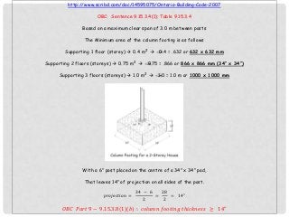 http://www.scribd.com/doc/14595075/Ontario-Building-Code-2007
OBC: Sentence 9.15.3.4(1); Table 9.15.3.4
Based on a maximum clear span of 3.0 m between posts
The Minimum area of the column footing is as follows
Supporting 1 floor (storey)  0.4 m2   = .632 or 632 x 632 mm
0.4
Supporting 2 floors (storeys)  0.75 m2  
0.75 = .866 or 866 x 866 mm (34” x 34”)
Supporting 3 floors (storeys)  1.0 m2   = 1.0 m or 1000 x 1000 mm
1.0

With a 6” post placed on the centre of a 34” x 34” pad,
That leaves 14” of projection on all sides of the post.
𝑝𝑟𝑜𝑗𝑒𝑐𝑡𝑖𝑜𝑛 =

34 − 6
28
=
= 14"
2
2

𝑂𝐵𝐶 𝑃𝑎𝑟𝑡 9 − 9.15.3.8(1)(𝑏) ∴ 𝑐𝑜𝑙𝑢𝑚𝑛 𝑓𝑜𝑜𝑡𝑖𝑛𝑔 𝑡𝑕𝑖𝑐𝑘𝑛𝑒𝑠𝑠 ≥ 14"

 