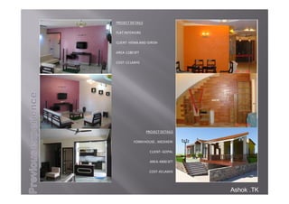 Ashok .TK
PROJECTDETAILS
FLATINTERIORS
CLIENT‐HEMA ANDGIRISH
AREA‐1180SFT
COST‐12LAKHS
PROJECTDETAILS
FORMHOUSE, MEDIKERI
CLIENT‐GOPAL
AREA‐4900SFT
COST‐43LAKHS
 
