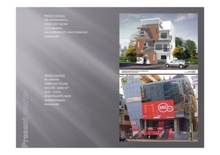 PROJECTDETAILS
MR.SHARAVANAB.J
30X40EASTFACING
COST‐40LAKHS
NAGENDRABLOCK,NEARSRINAGAR.
BANGALORE
PROJECTDETAILS
Mr.KANDAN
50X80EASTFACING
BUILTUP‐ 12000SFT
COST‐ 1crore
ATKATRIGUPPA,NEAR
BHANASHANKARI,
BANGALORE
 