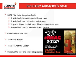 BIG HAIRY AUDACIOUS GOAL

 BHAG (Big Hairy Audacious Goal)
    BHAG should be understandable and clear
    BHAG should not be inside comfort zone
    Progress should be their even if leaders loose their trust
    BHAG should always have consistent growth

 Commitments and risks

 The Hubris Factor

 The Goal, not the Leader

 Preserve the core and stimulate progress
                                                                  12
 