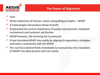 The Power of Alignment

 Ford
 Wrote statement of mission, values and guiding principles – MVGP
 It listed people and product ahead of profit
 Emphasized the central importance of quality improvement, employee
  involvement and customer satisfaction
 MVGP however, did not bring the turnaround
 It had translated MVGP into reality by aligning its operations, strategies
  and tactics consistently with the MVGP
 The real force behind Fords remarkable turnaround was the translation
  of MVGP into daily practice and into reality
 