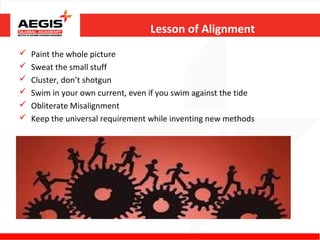 Lesson of Alignment
   Paint the whole picture
   Sweat the small stuff
   Cluster, don’t shotgun
   Swim in your own current, even if you swim against the tide
   Obliterate Misalignment
   Keep the universal requirement while inventing new methods
 